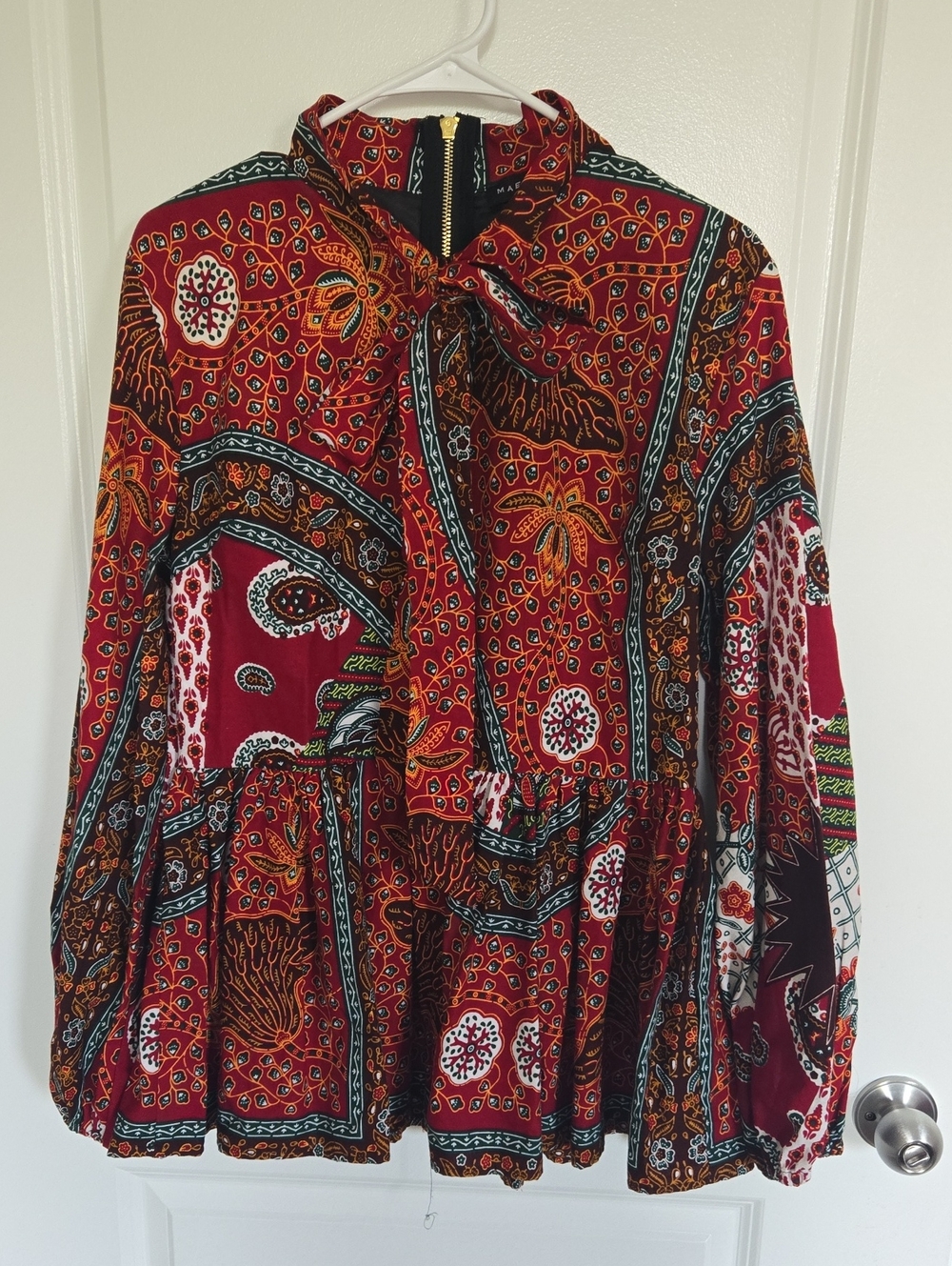 Mae Otti Nigerian Designer Red Paisley Ankara Print Tie-Neck Peplum Blouse - L